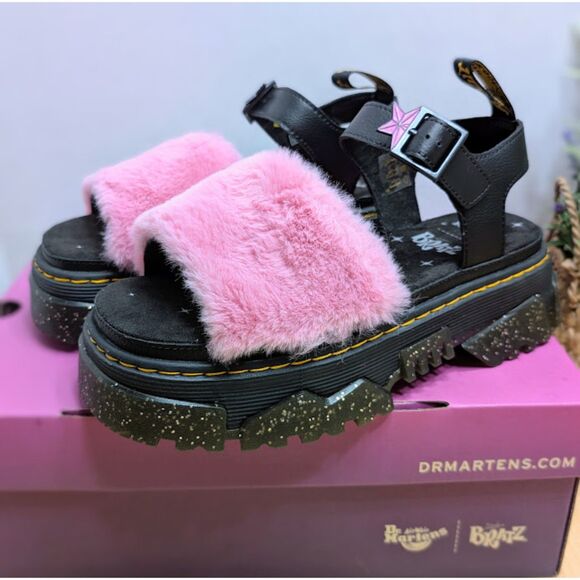 Dr. Martens Mattison Bratz Pink Faux Fur & Black Leather Strap Sandals UK 5 NIB - Picture 1 of 14